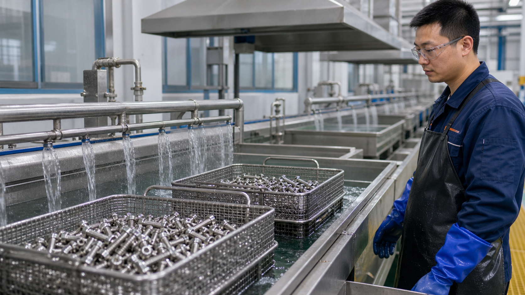Alloy fasteners installed around a chemical plant pump and valve skid