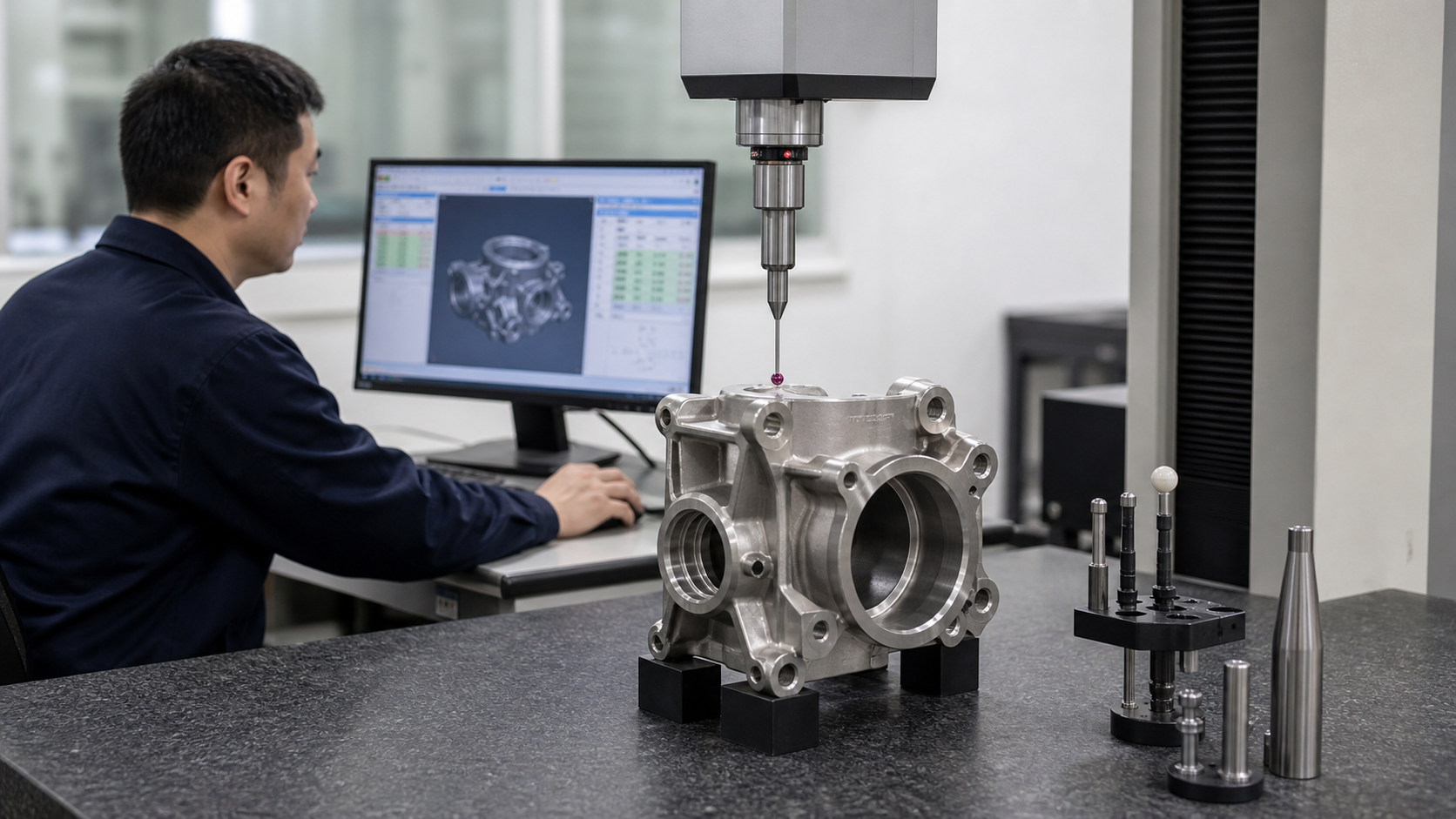 CMM inspection of machined stainless steel precision investment casting in Chinese quality room