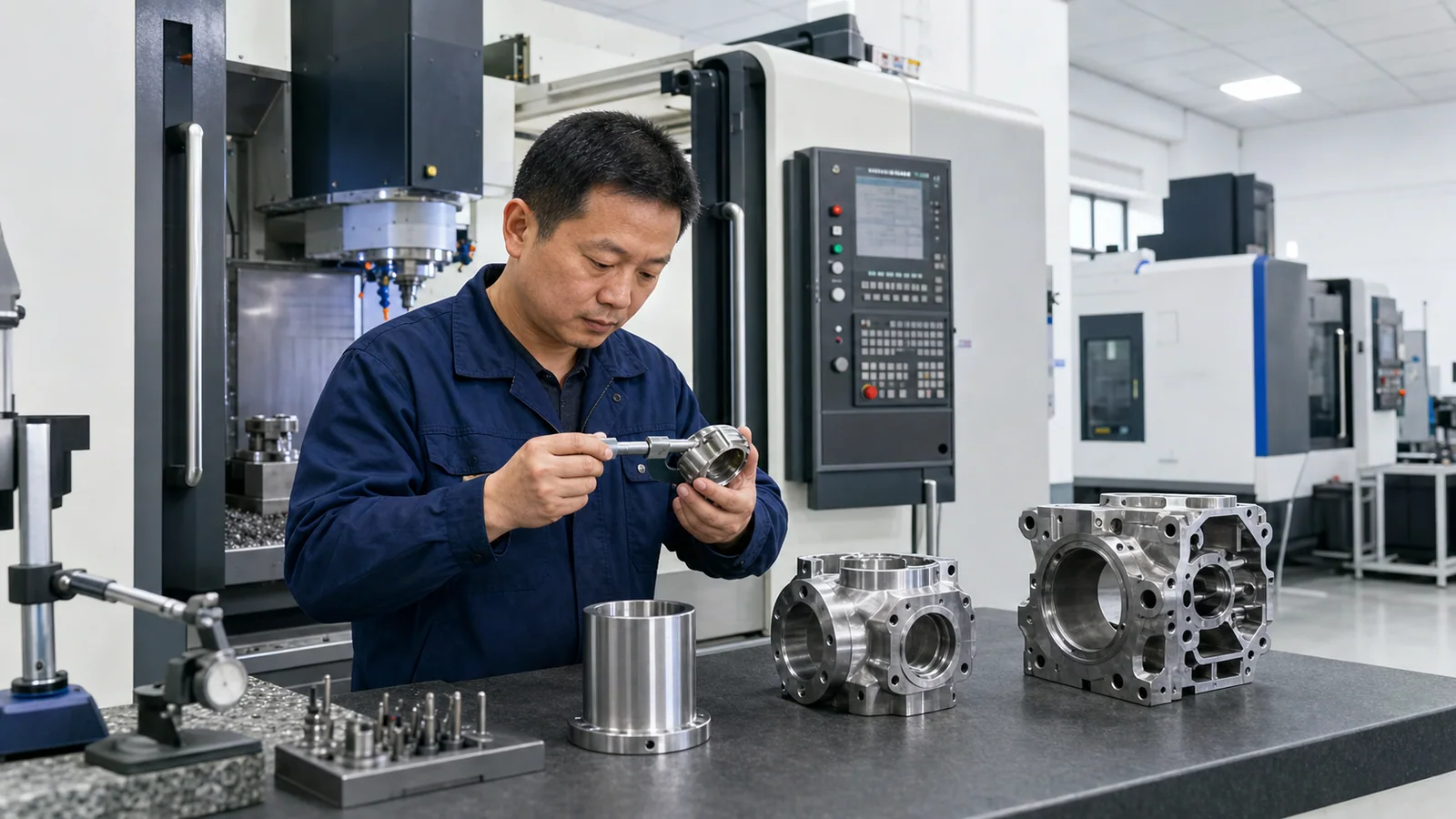 Operador de CNC inspeccionando piezas mecanizadas de acero inoxidable mientras revisa los factores de costo del mecanizado CNC.