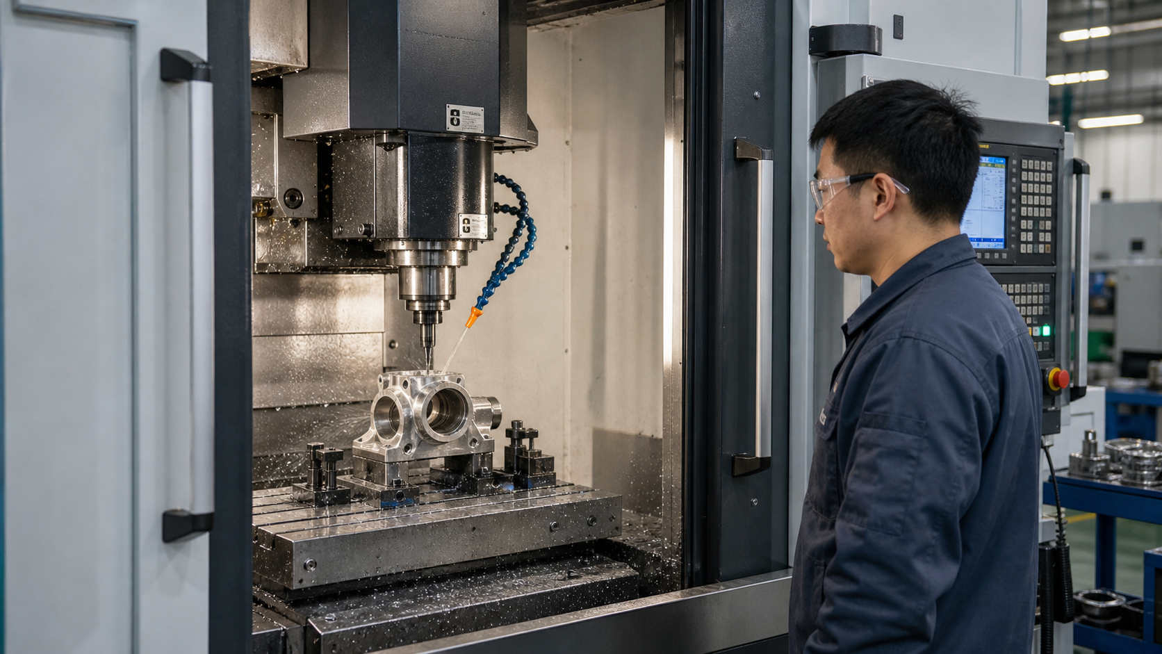 Chinese CNC operator machining stainless steel investment cast parts in a machining center