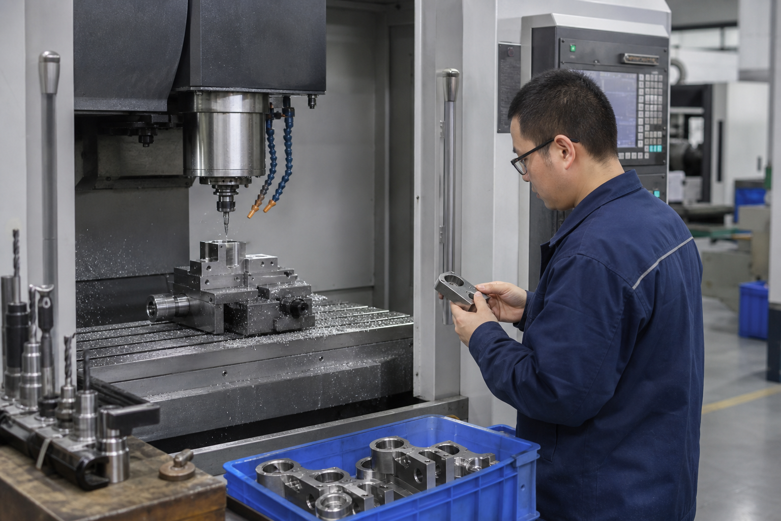 CNC machining stainless steel architectural hardware components in a Chinese factory