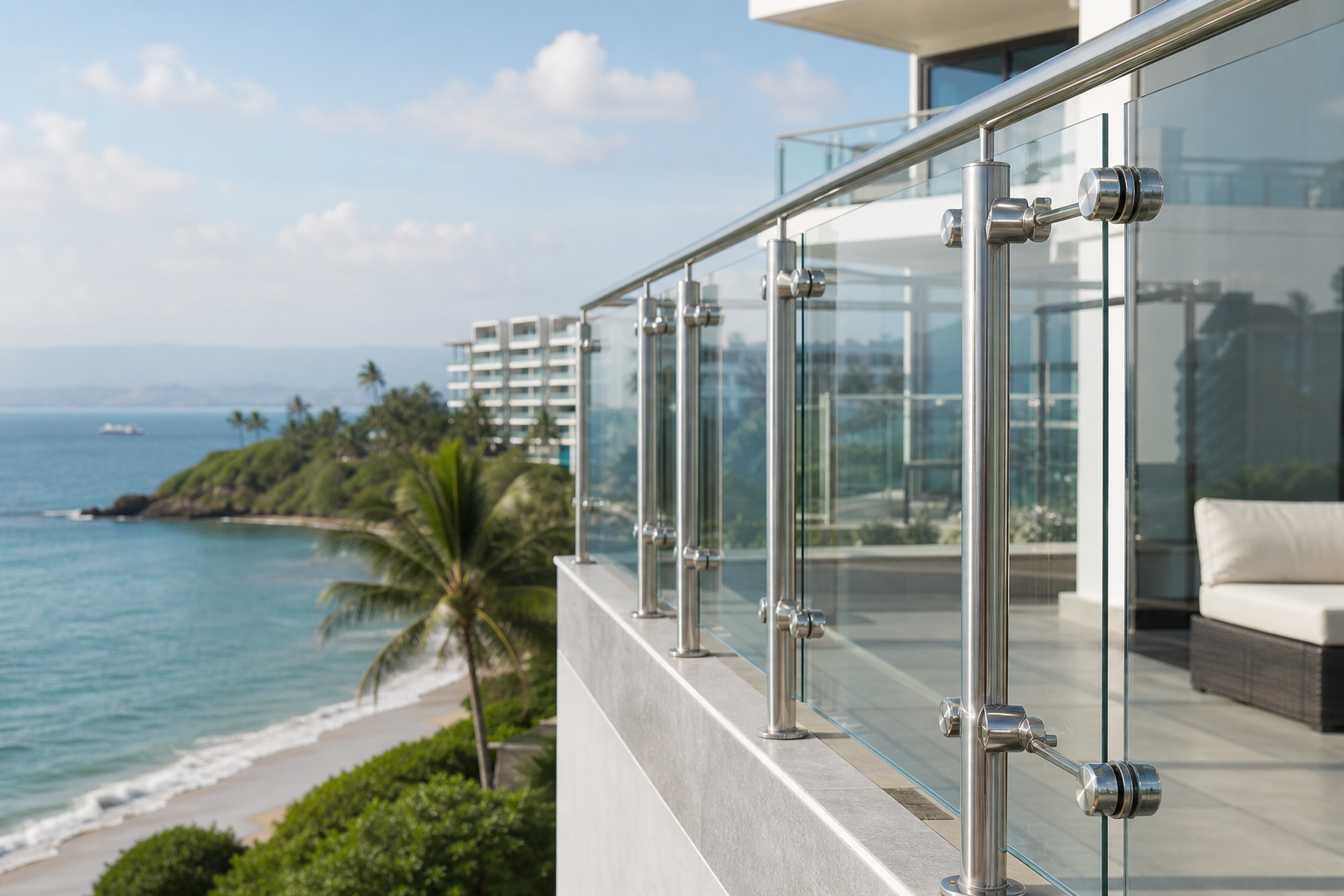 316 stainless steel glass railing fittings installed on a coastal balcony near a marine environment