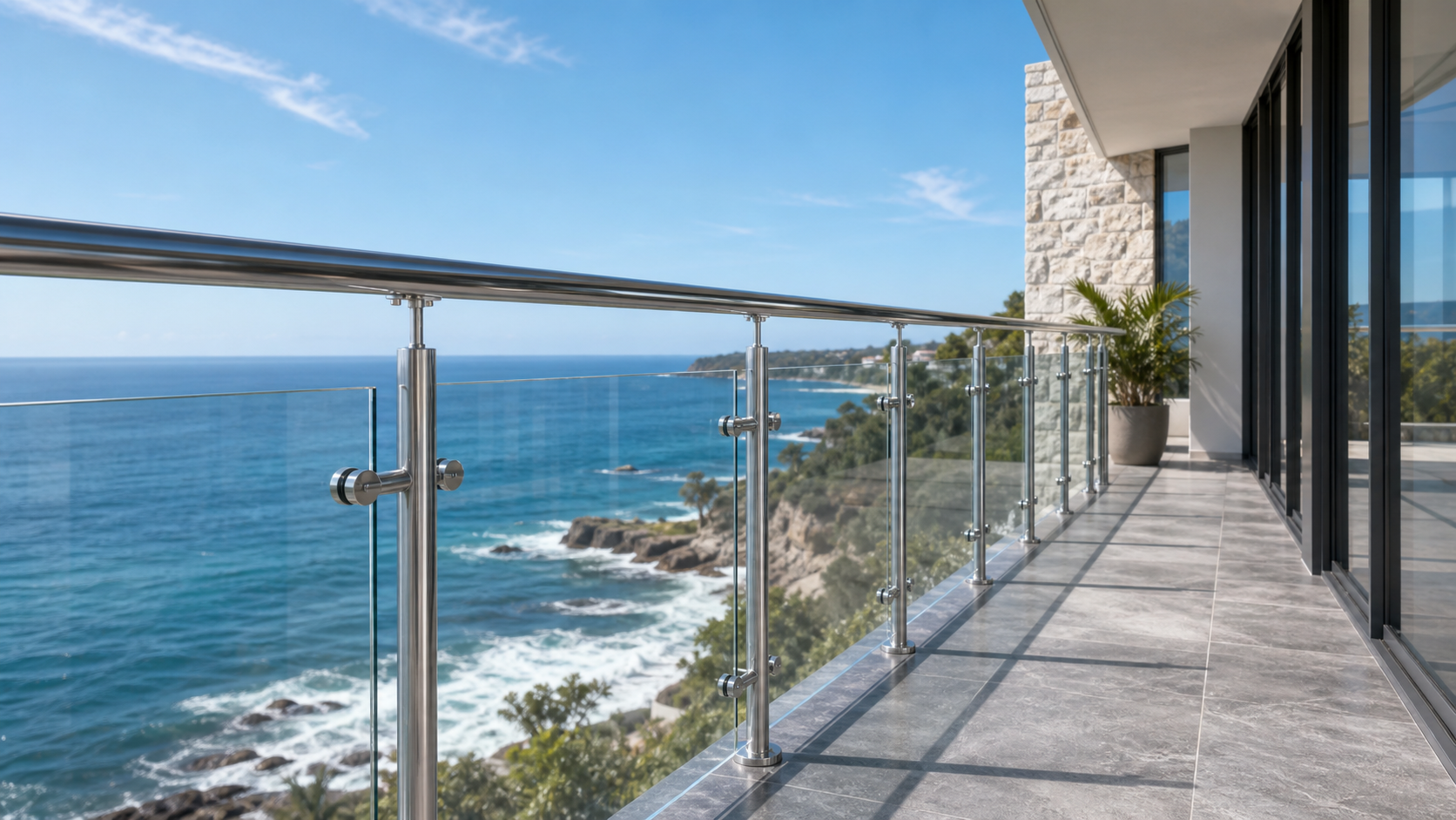 Coastal architectural terrace with 316 stainless steel handrail fittings and glass railing overlooking the sea