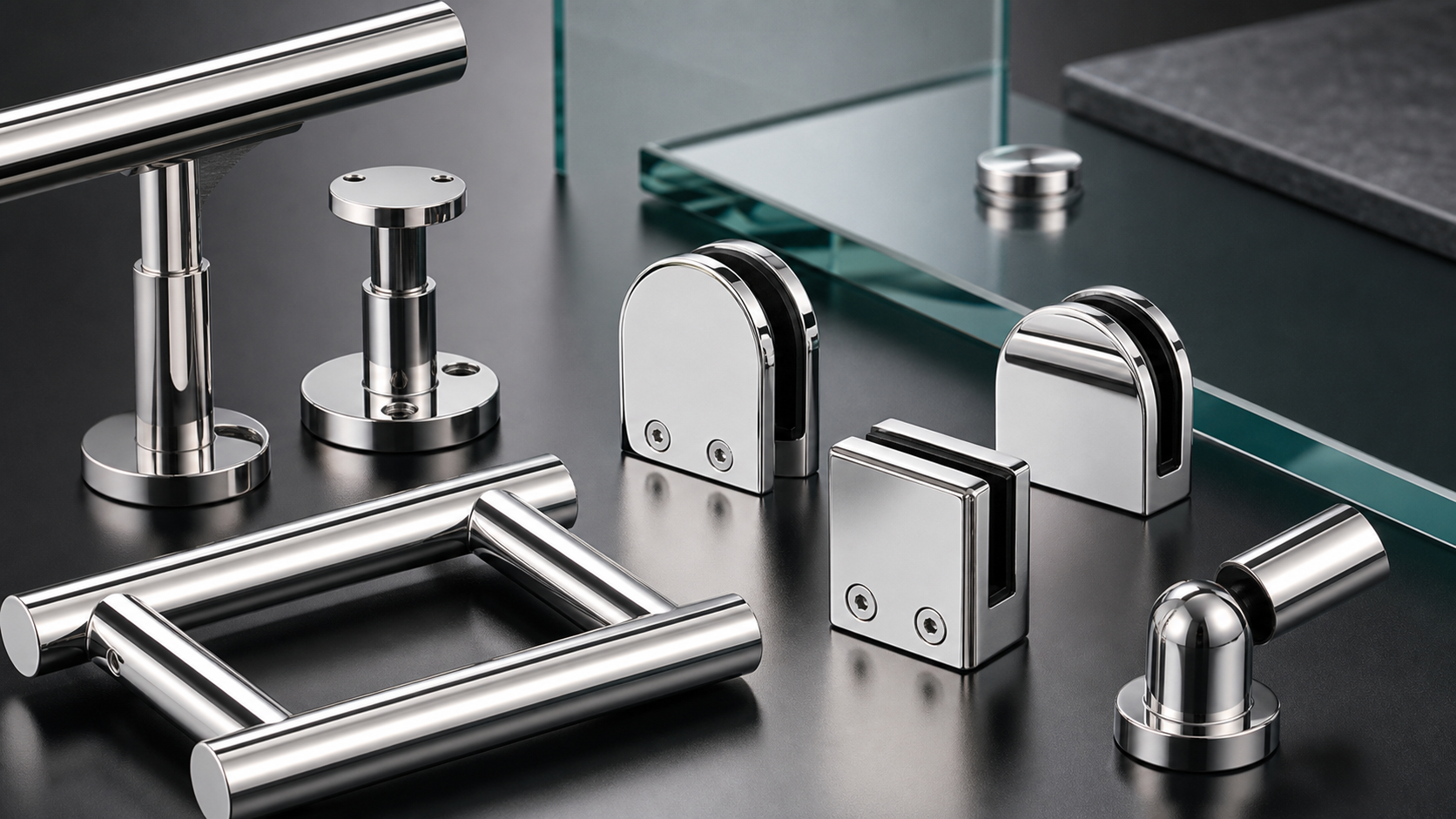Modern commercial building using satin finish railings and mirror polished stainless steel door hardware