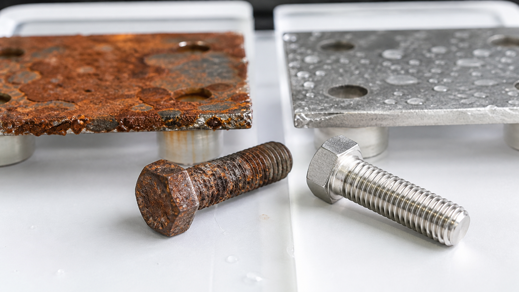 Corroded fastener compared with corrosion resistant special alloy fastener