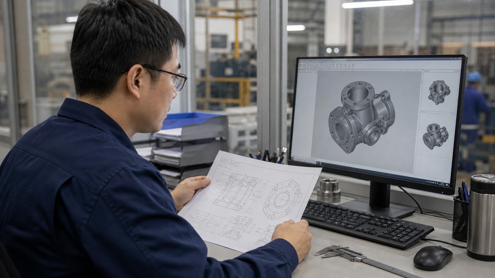 Chinese engineer reviewing 3D drawing and manufacturability of an investment casting part