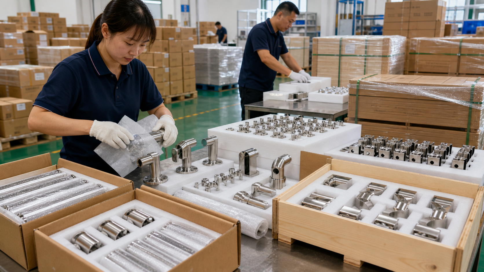 Engineers reviewing custom stainless steel architectural hardware samples and CAD drawings for an OEM project