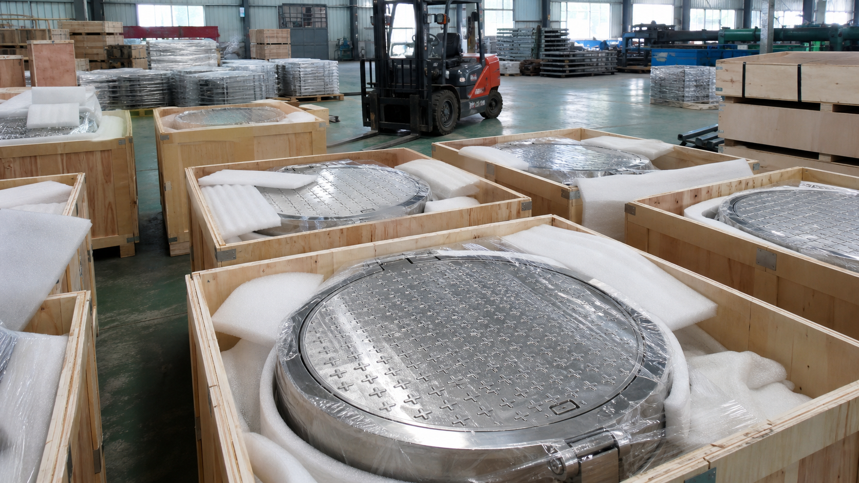 Export packaging for stainless steel manhole covers with protective crates