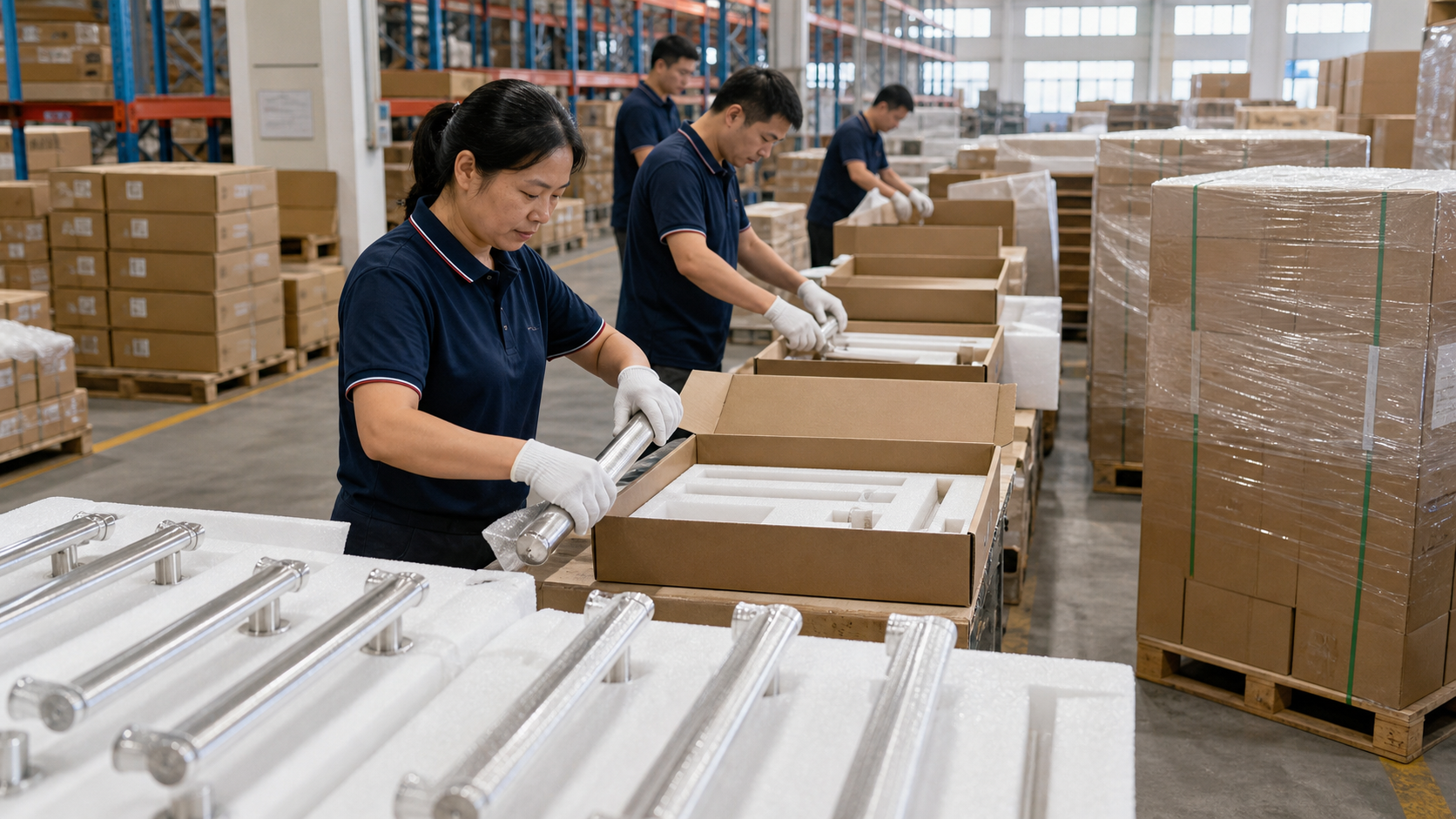 Protective export packaging for polished stainless steel architectural hardware fittings
