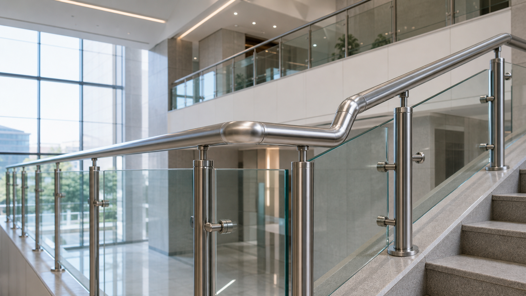 Glass railing and staircase installation using stainless steel handrail tube elbows brackets and support fittings