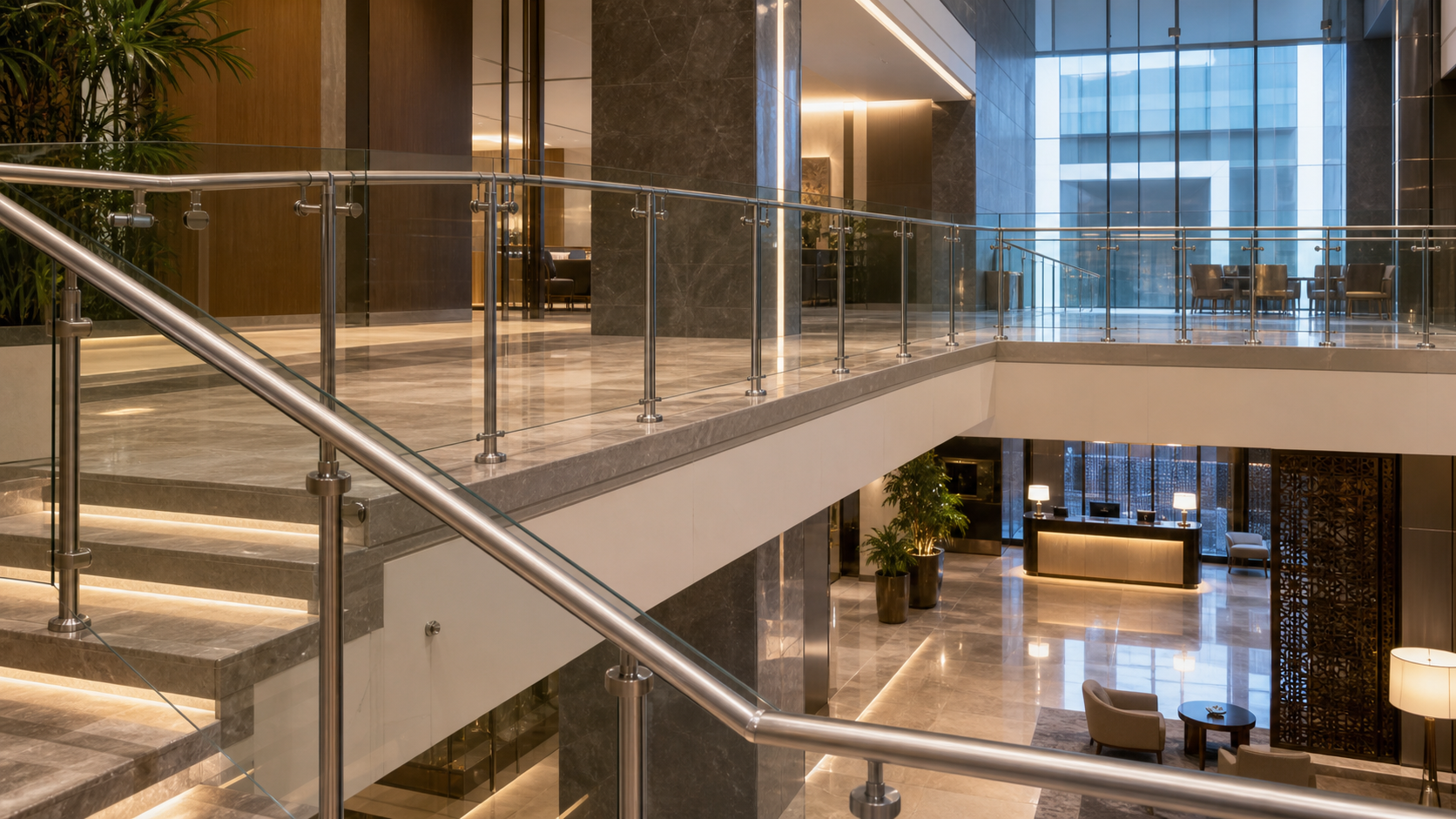 Upscale hotel and commercial atrium using stainless steel handrail fittings on stairs and balconies