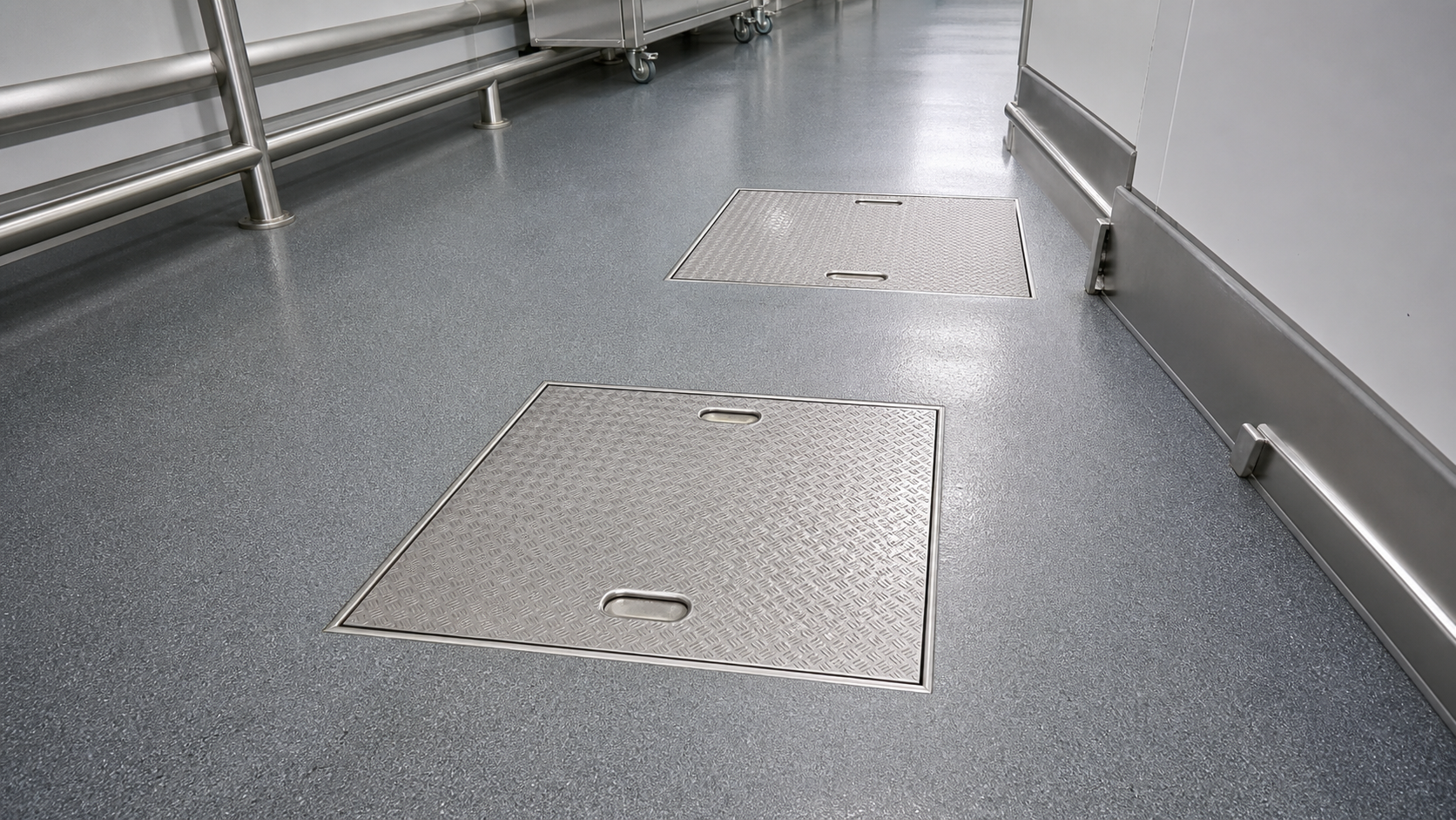 Hygienic stainless steel access cover installed in an industrial facility corridor
