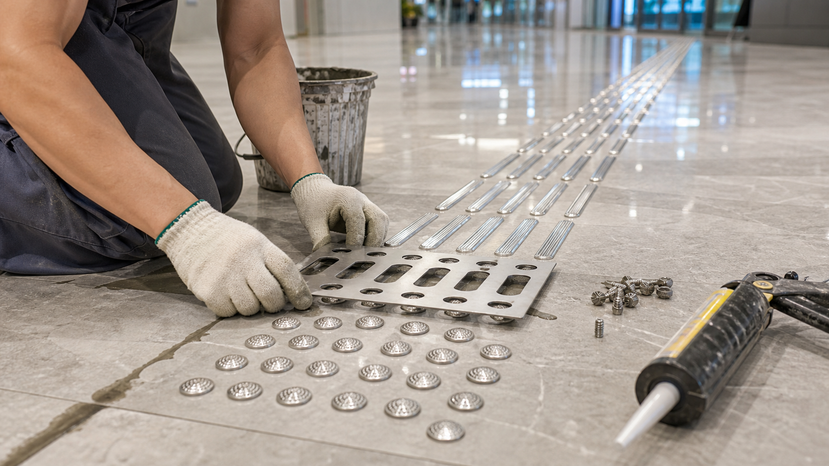 Installing stainless steel tactile indicators on a commercial floor with a spacing template