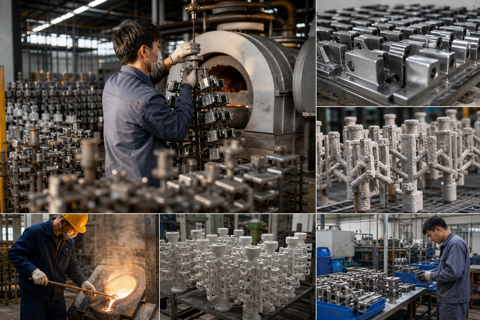 Investment casting production of stainless steel architectural hardware components in a Chinese manufacturing workshop