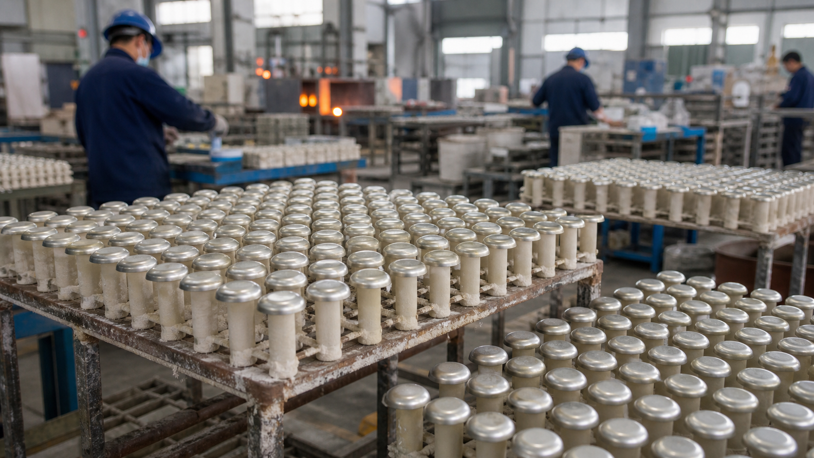 Investment casting production for stainless steel tactile studs in a manufacturing workshop