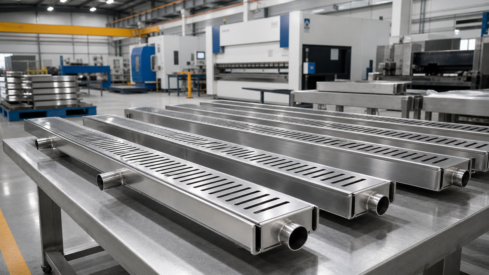 Exploded technical view of stainless steel linear drain channel grating outlet and end caps