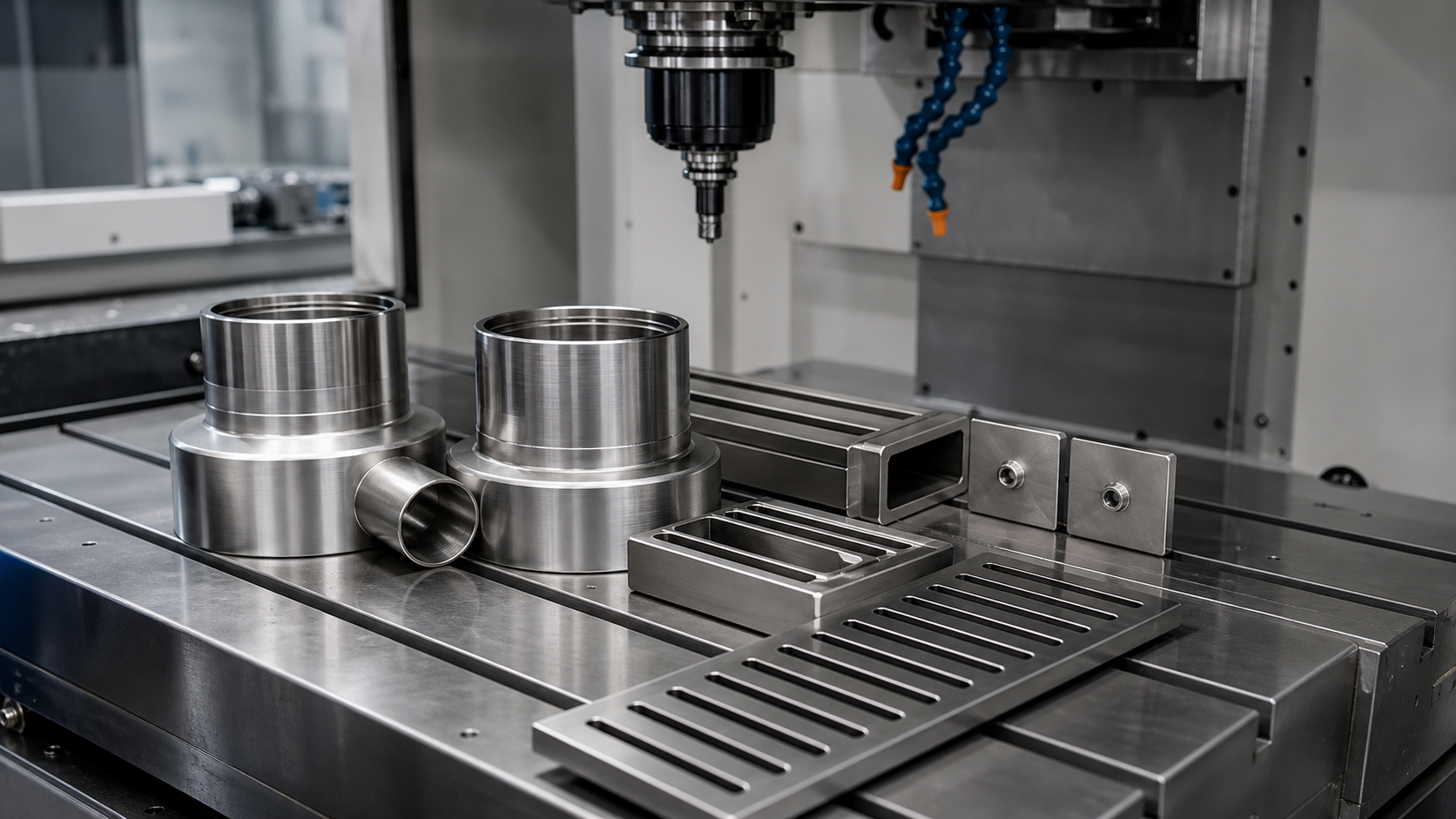 Stainless steel linear drain channels arranged on an inspection bench in a manufacturing workshop