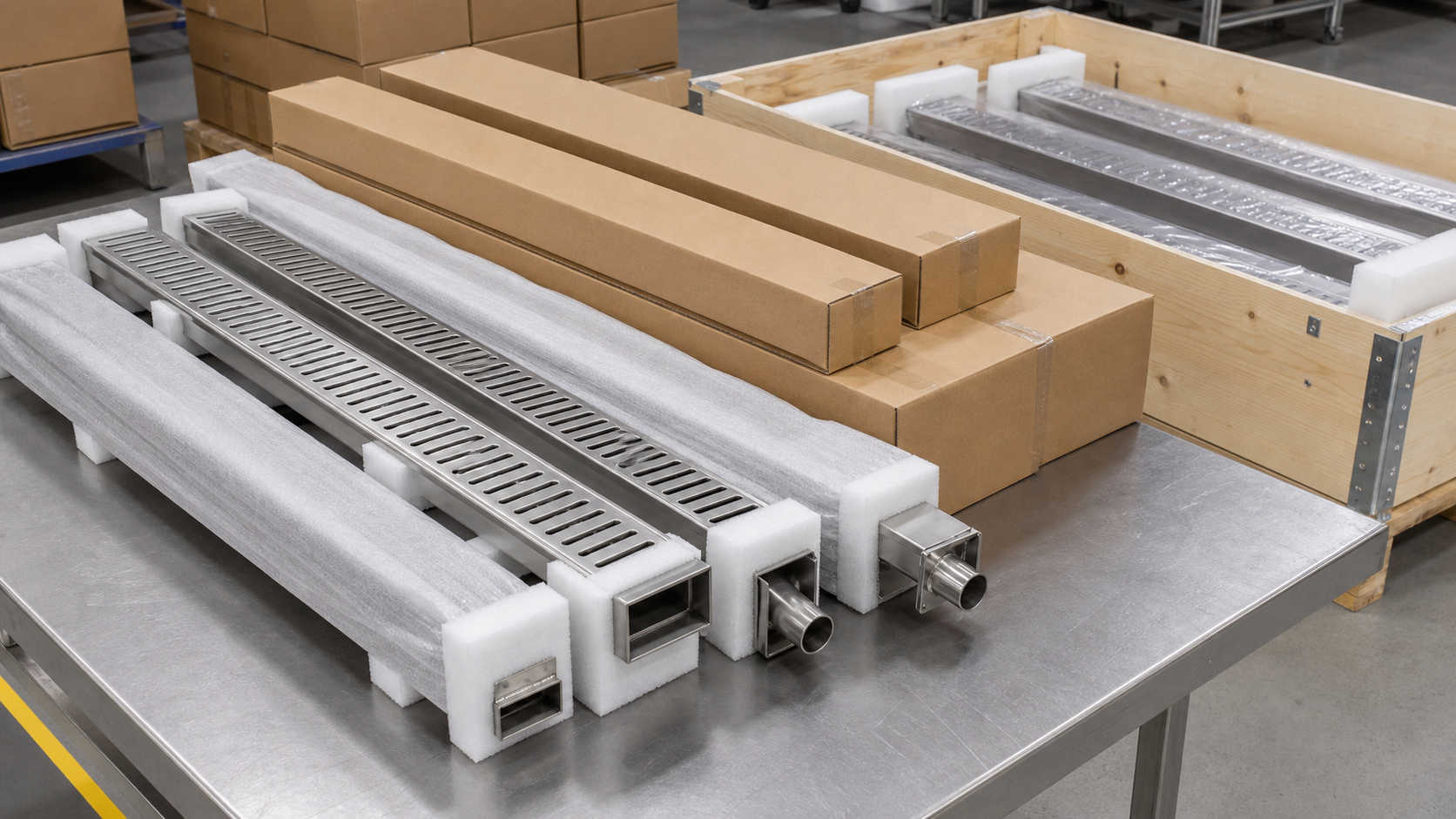 Satin brushed surface finishing on stainless steel linear drain grates after polishing