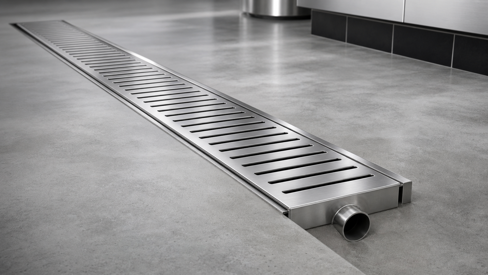 Stainless steel linear drain installed flush with tile in a commercial building wet area