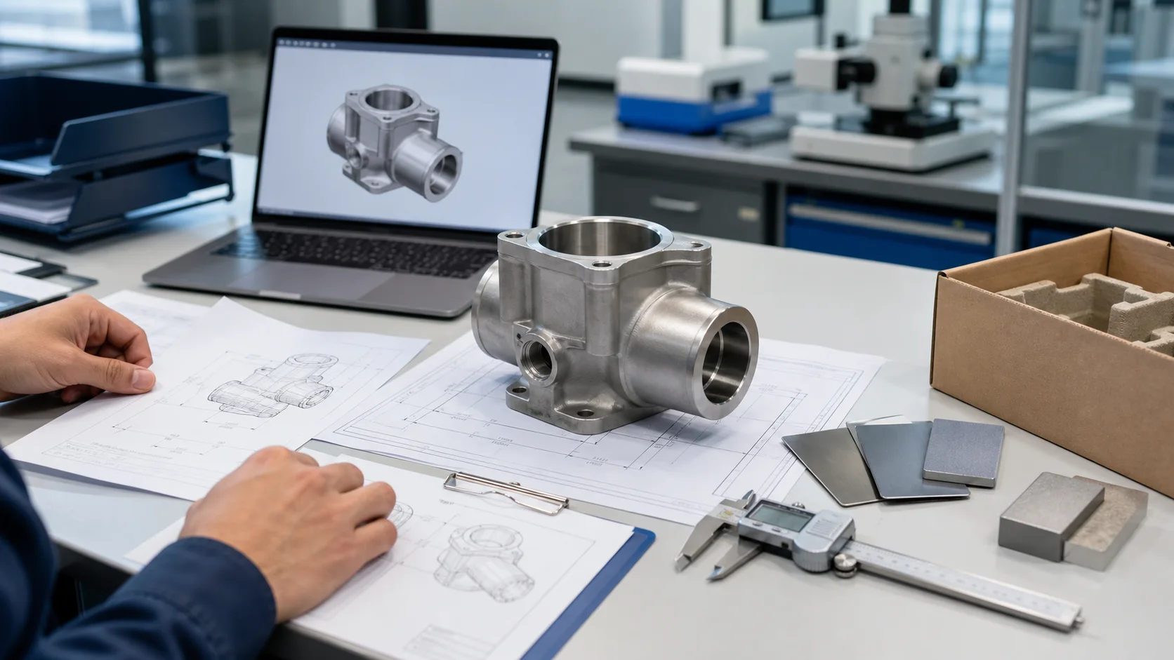 Revisión de la solicitud de cotización de piezas metálicas con el componente correspondiente, el plano de ingeniería, el modelo CAD y las herramientas de inspección.