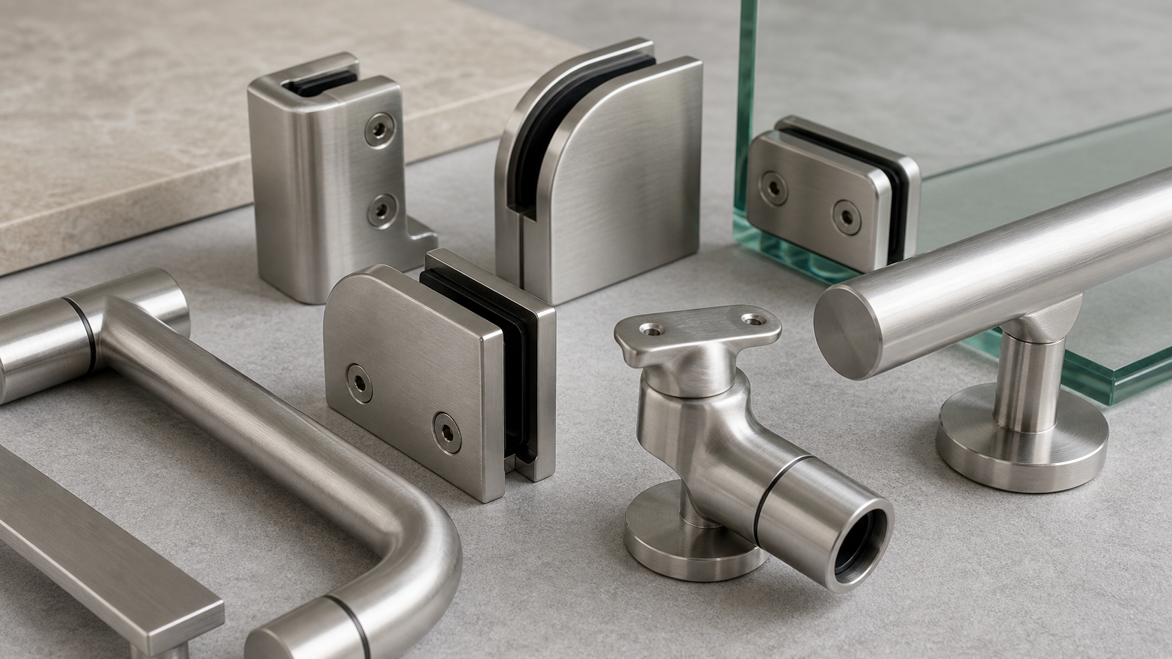 Mirror polished stainless steel door handles installed on glass doors in a premium commercial interior