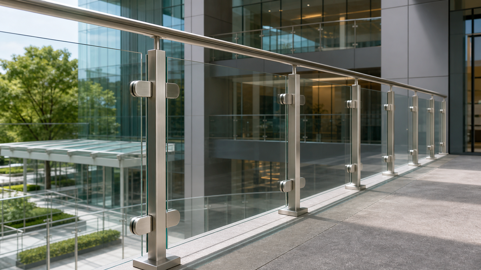 Mirror polished stainless steel door handles glass clamps and handrail fittings with reflective surfaces