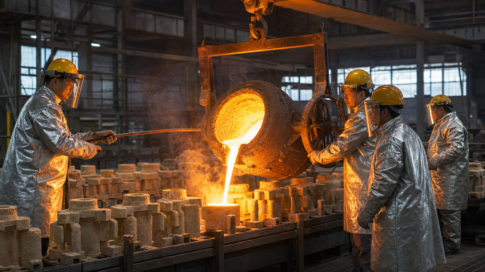 Chinese foundry workers pouring molten steel into ceramic shells for investment casting