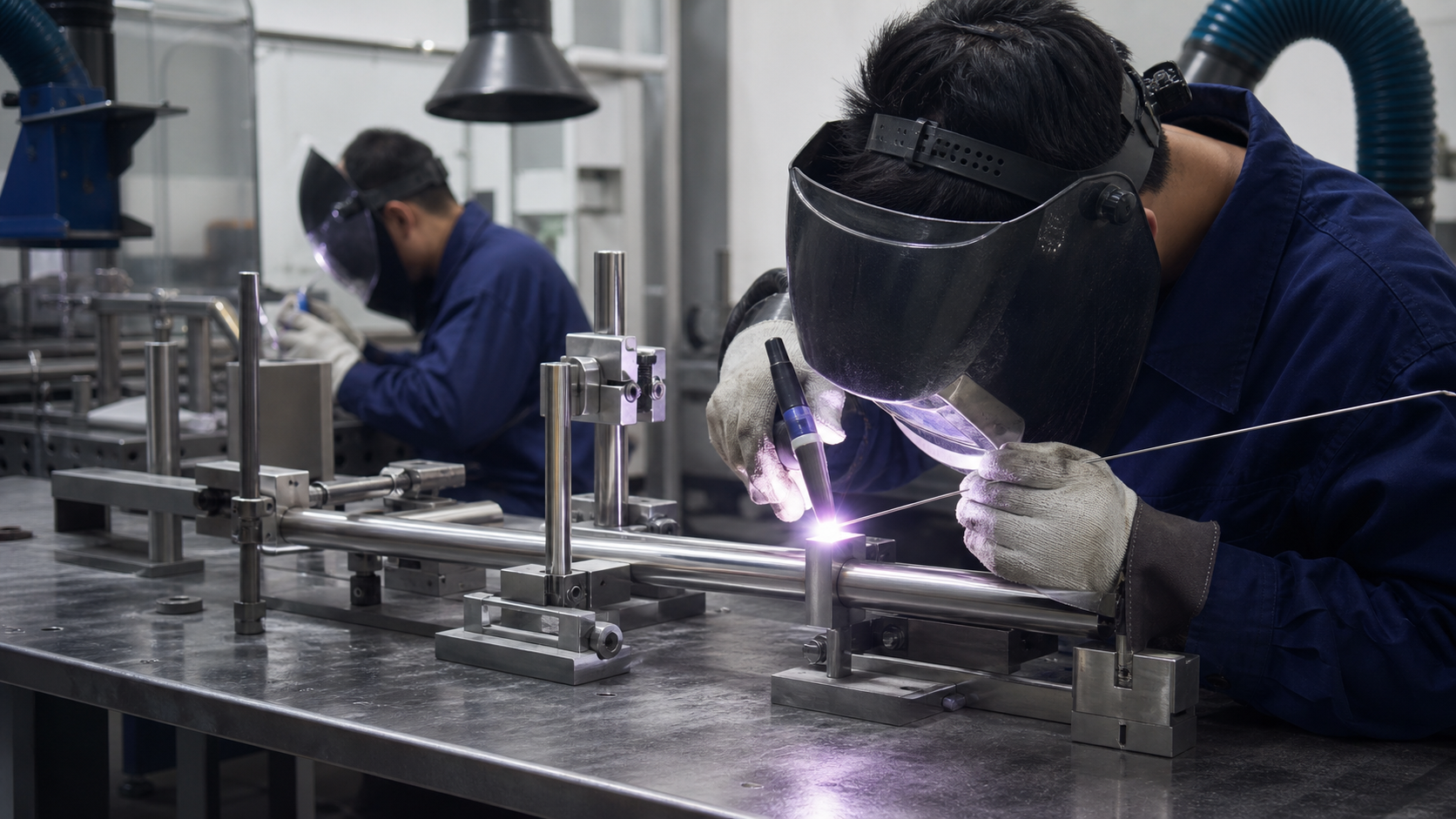 Engineers reviewing CAD models and stainless steel samples for custom architectural hardware manufacturing
