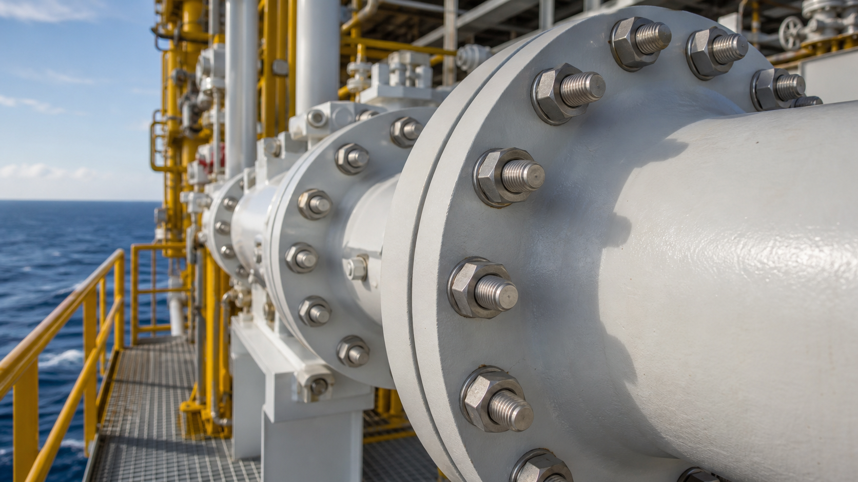 Offshore stainless steel stud bolts installed on flange