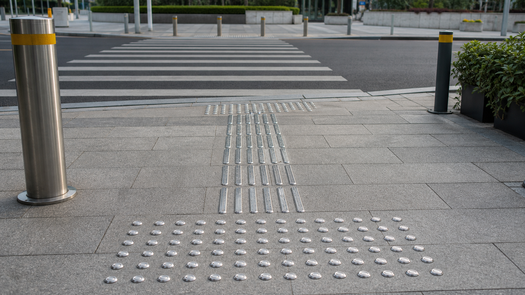 Outdoor public infrastructure using stainless steel tactile indicators on concrete paving