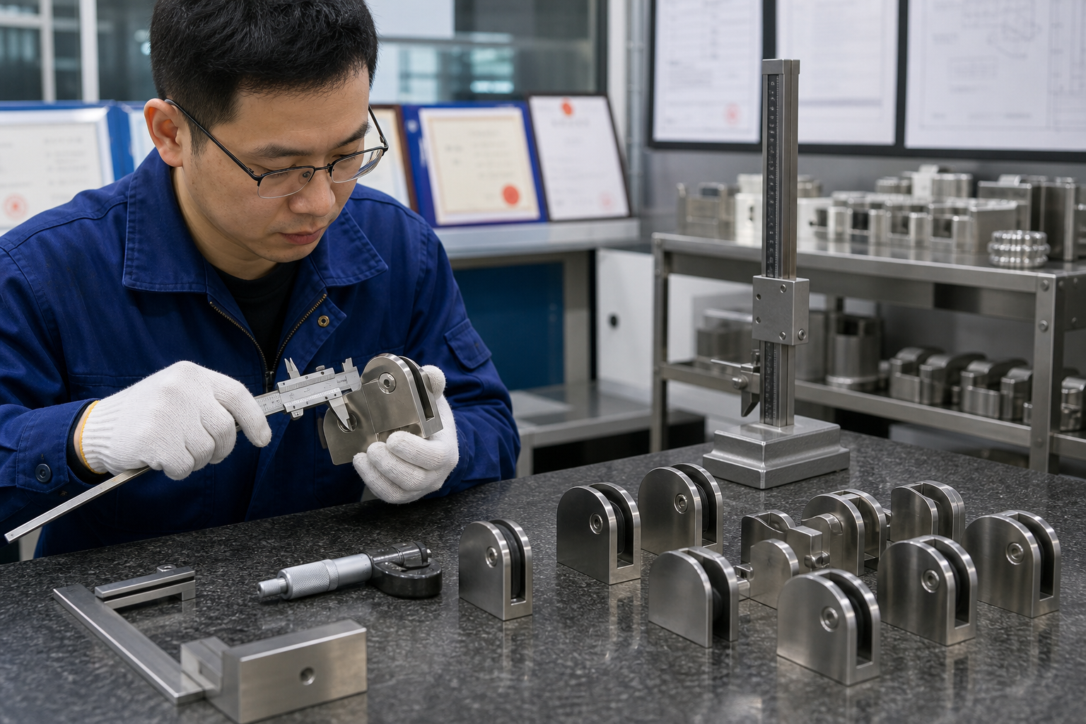 Quality inspection of stainless steel glass clamps using calipers and measuring tools