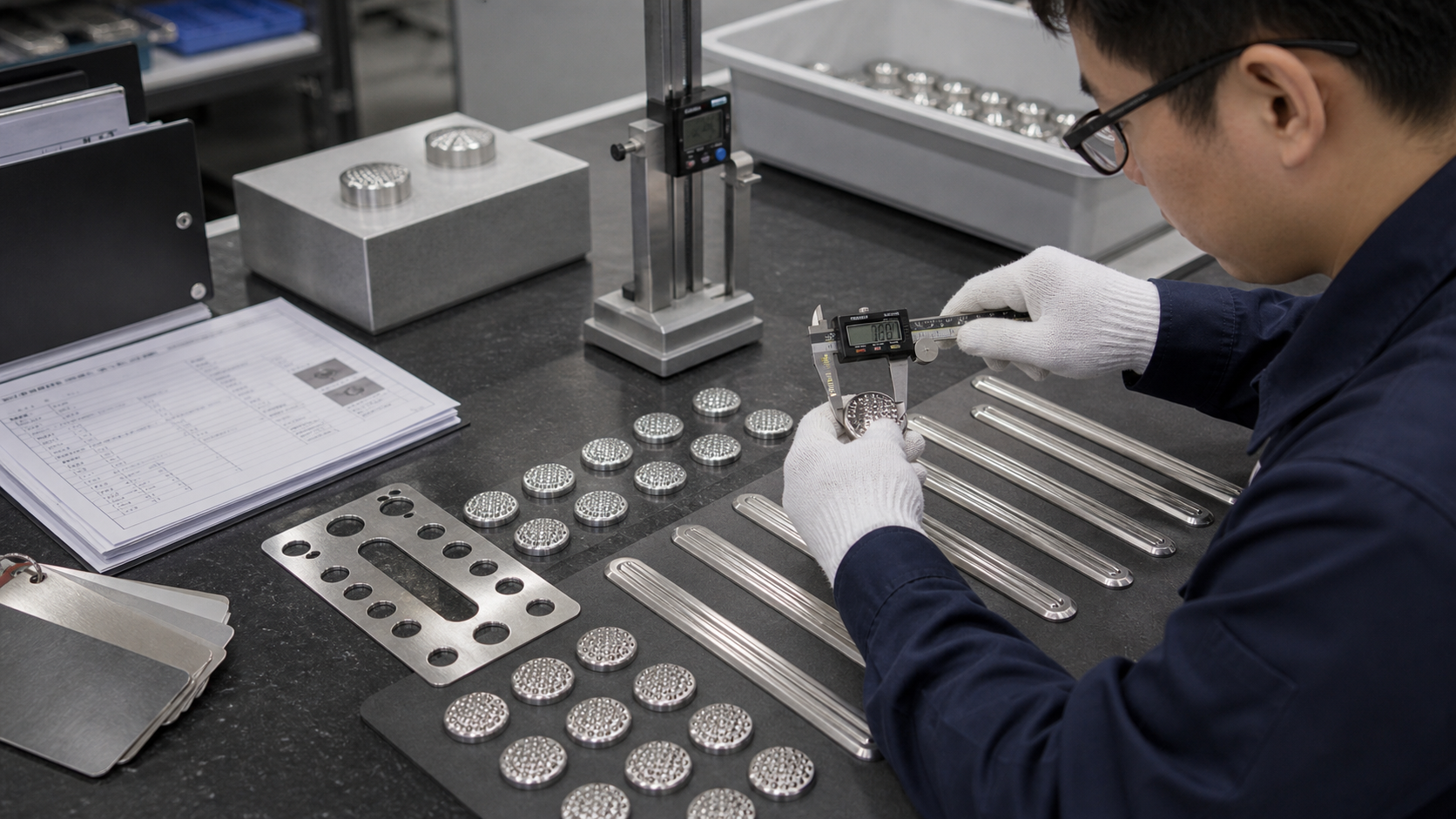Quality inspection comparing stainless steel tactile studs and tactile strips