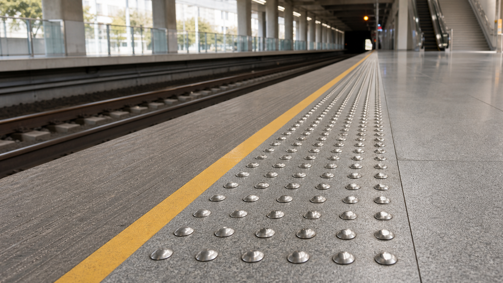 Stainless steel tactile warning indicators installed along a railway platform edge zone
