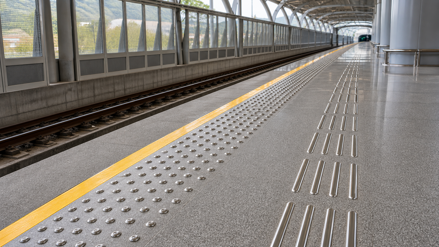 Railway platform application using stainless steel tactile studs and tactile strips