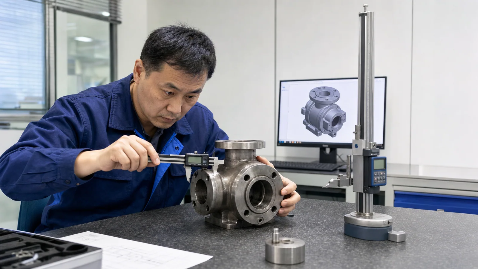 Ingeniero mide un componente de acero inoxidable para realizar ingeniería inversa de una pieza metálica a partir de una muestra física.