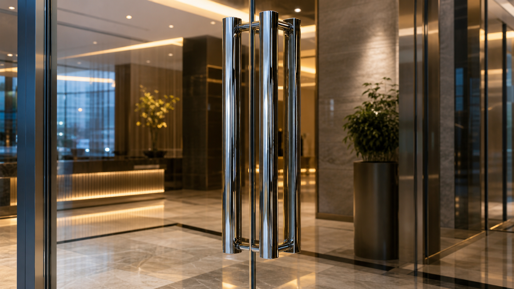 Modern glass railing installation using satin finish stainless steel architectural hardware