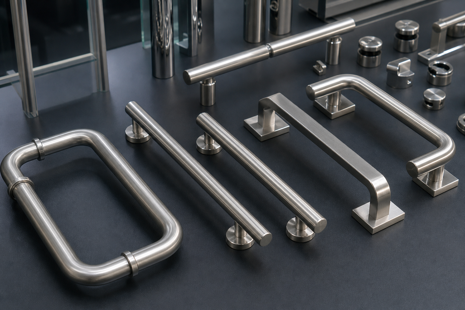 Custom stainless steel door handles and pull handles with brushed and polished finishes