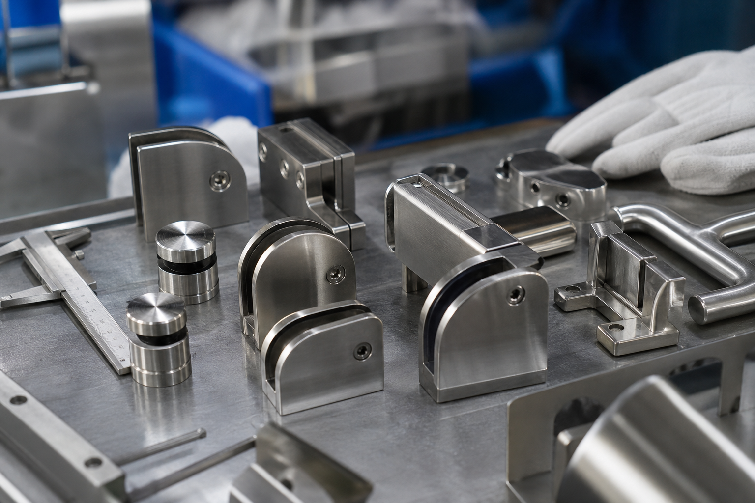 Brushed and polished stainless steel glass clamps and standoff fittings on a workshop inspection bench