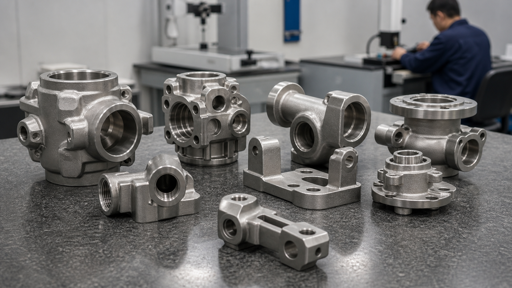 Finished stainless steel precision investment castings with machined surfaces and clean inspection table