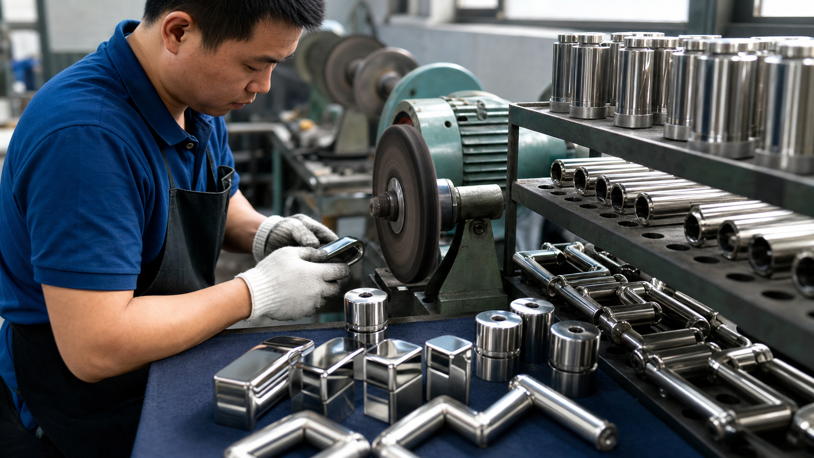 Stainless steel rods, bars and sheet stock prepared for architectural hardware manufacturing in a Chinese factory