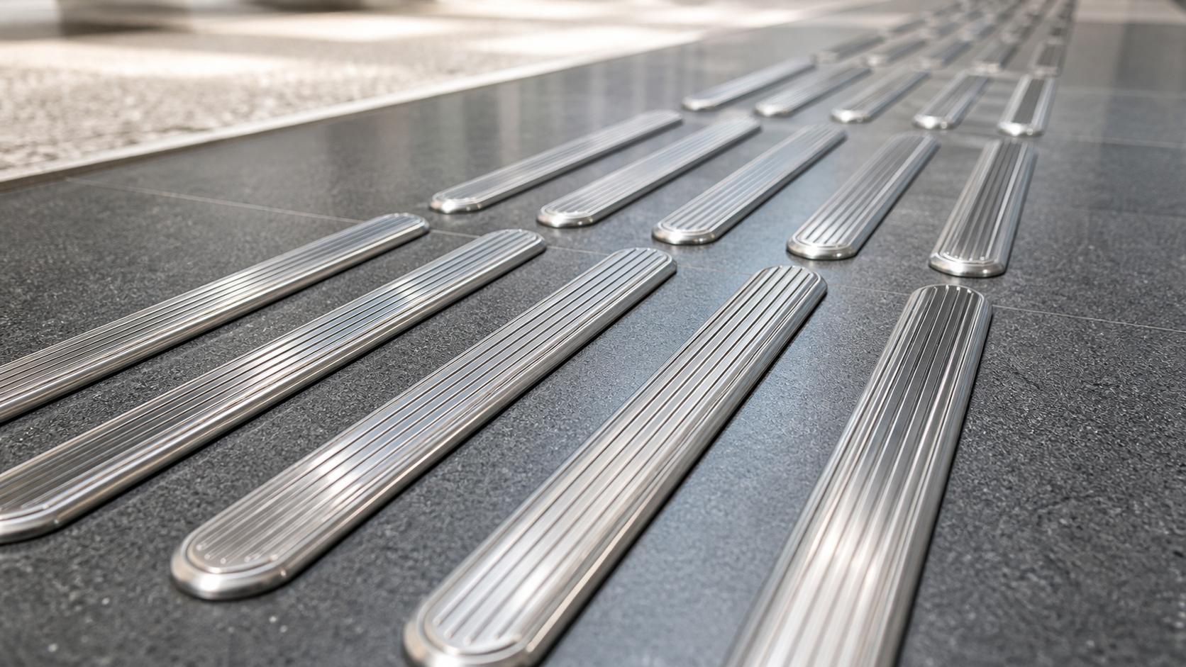 Stainless steel tactile strips used for directional guidance on a modern floor sample
