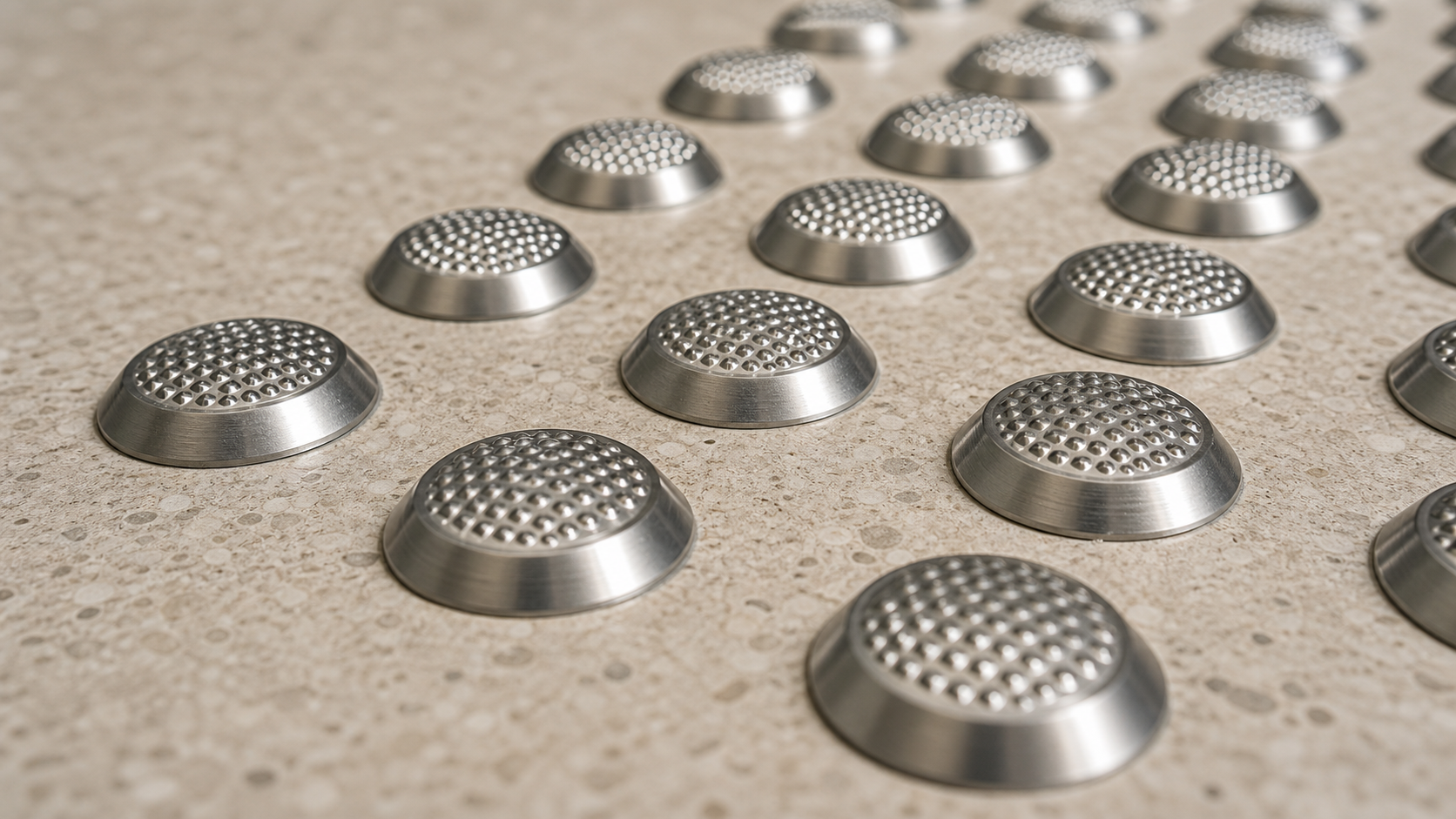 Stainless steel tactile studs in a raised warning pattern on an architectural floor sample