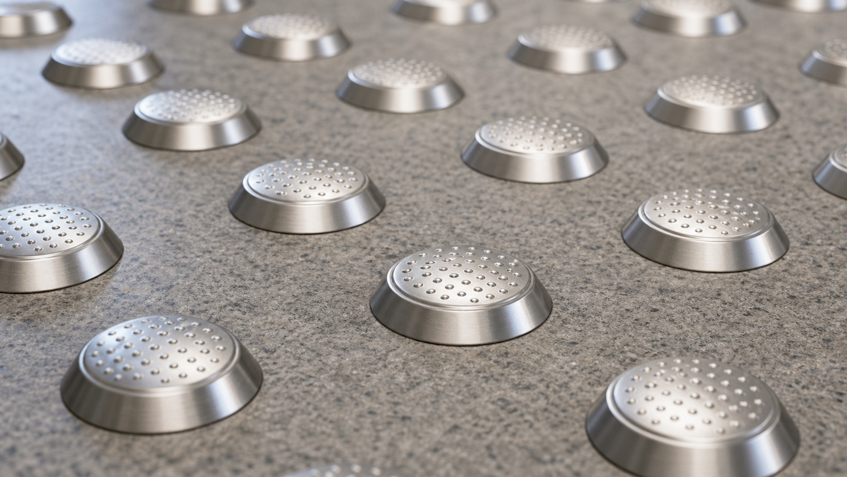 Stainless steel tactile studs arranged in a warning indicator pattern on a floor sample