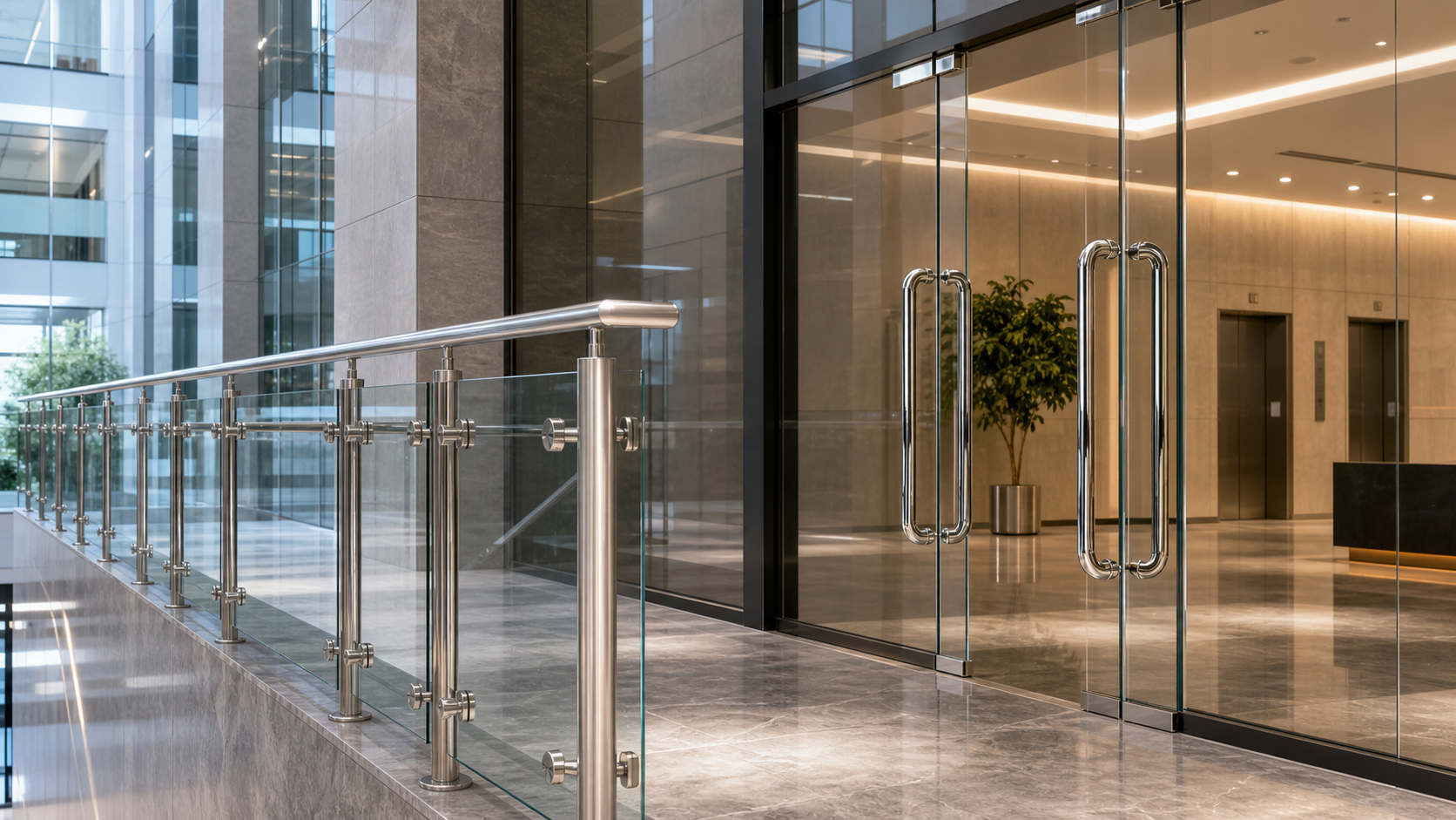 Quality inspection of mirror polish and satin finish stainless steel architectural hardware under controlled lighting
