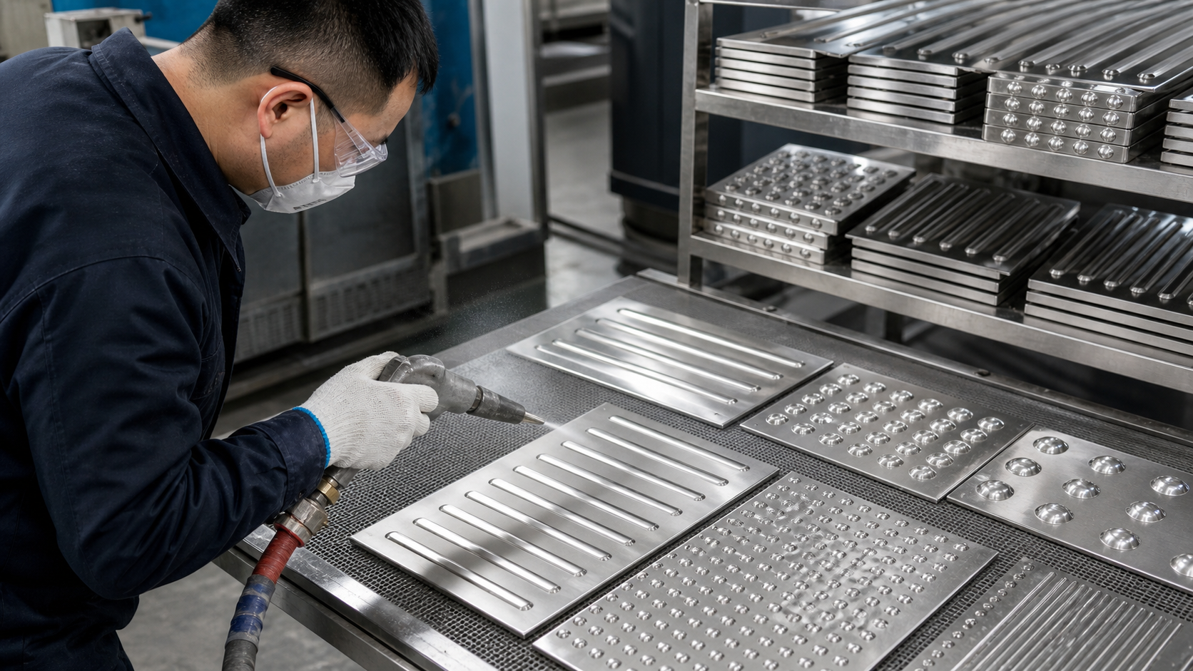 Surface finishing and anti-slip treatment for stainless steel tactile indicators