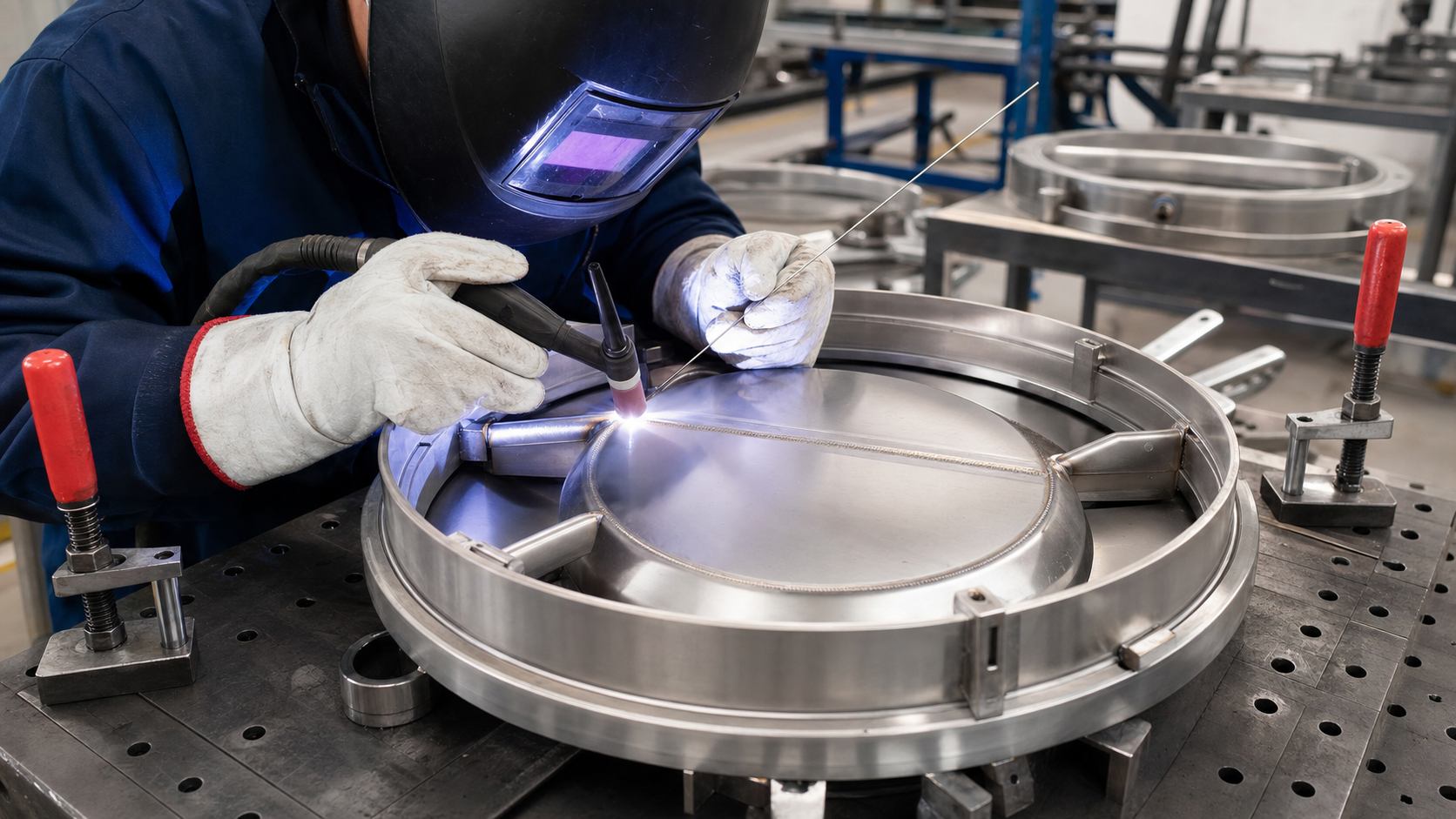 TIG welding a stainless steel manhole cover frame in a fabrication workshop