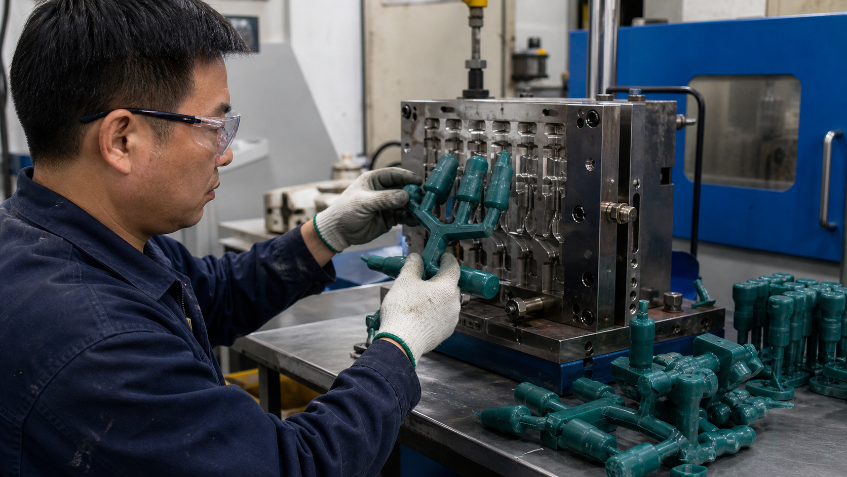 Chinese technician inspecting wax patterns for investment casting production