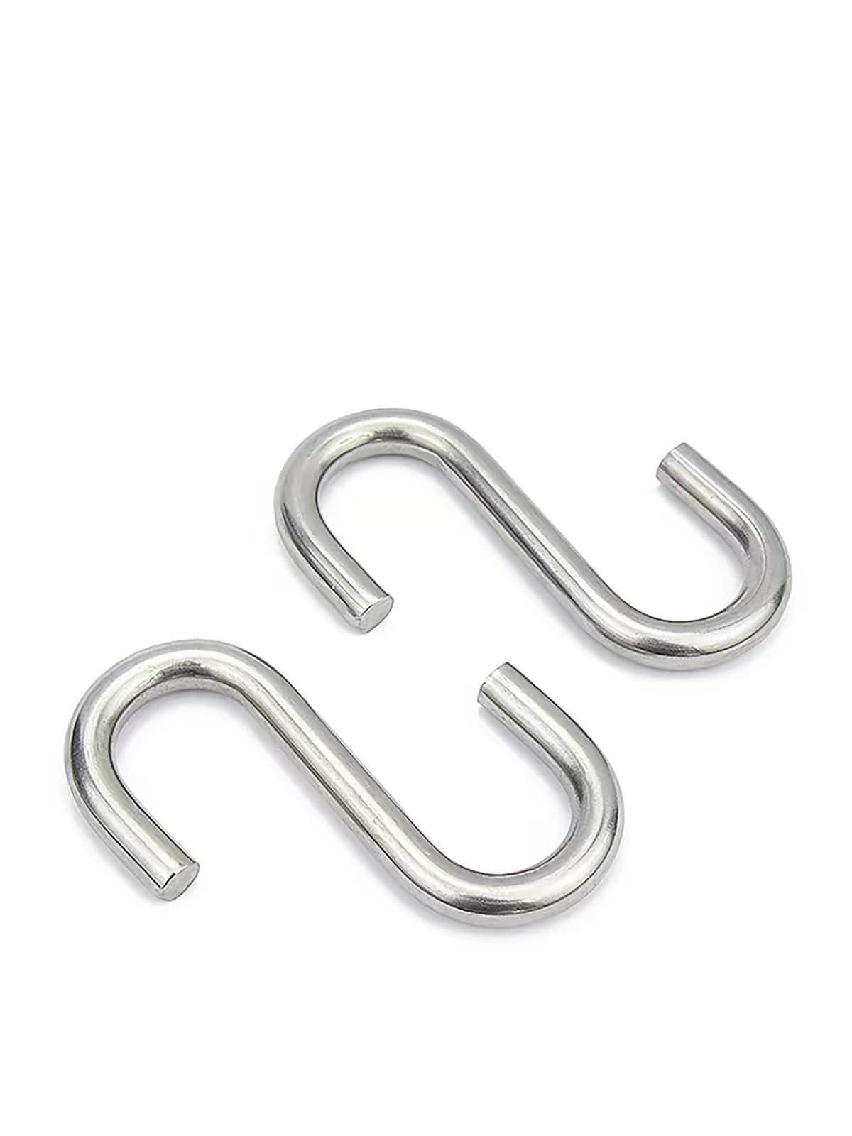 Two plain 304 stainless steel S hooks on a white background