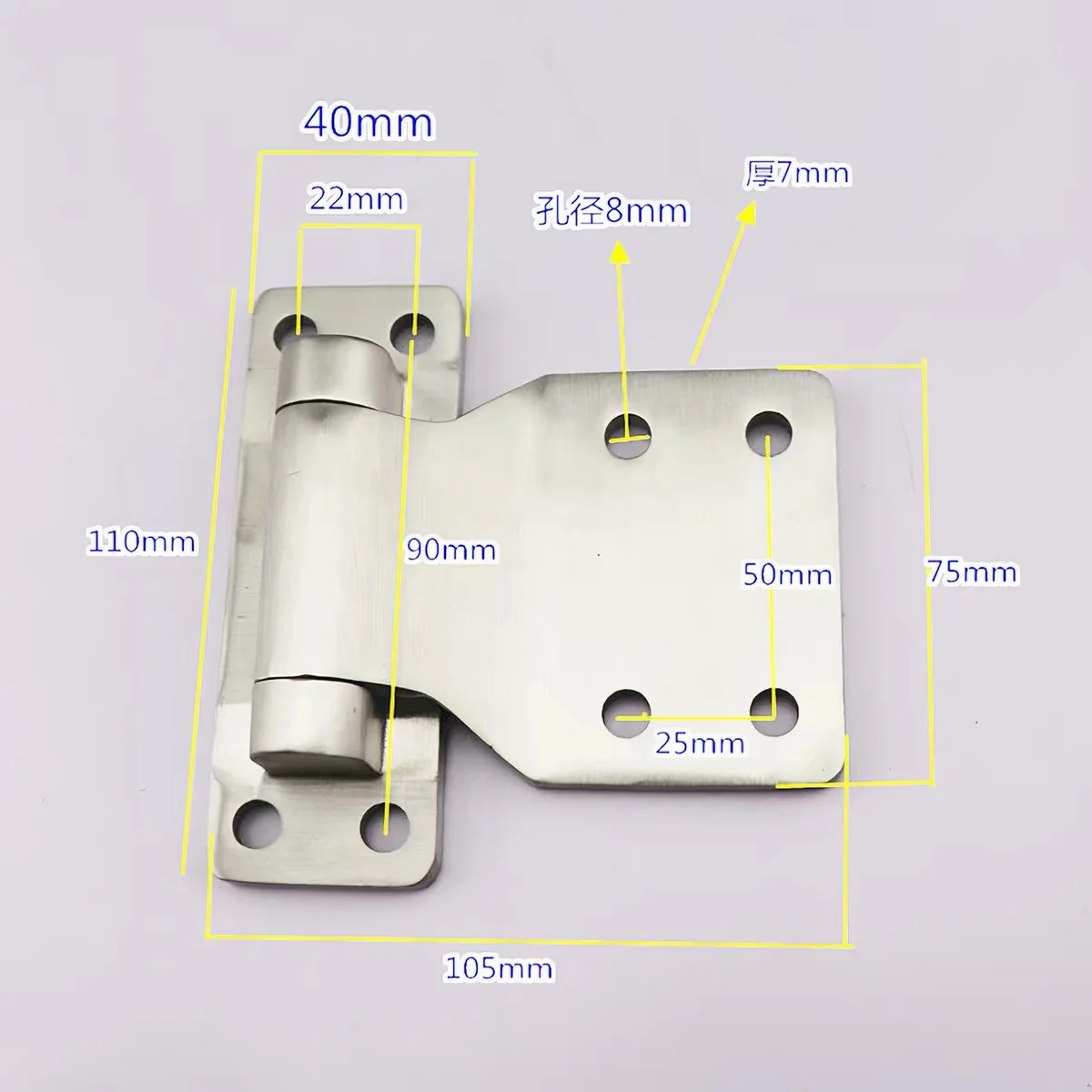 Referencia de dimensiones para bisagra de puerta descentrada de 110 x 105 x 7 milímetros