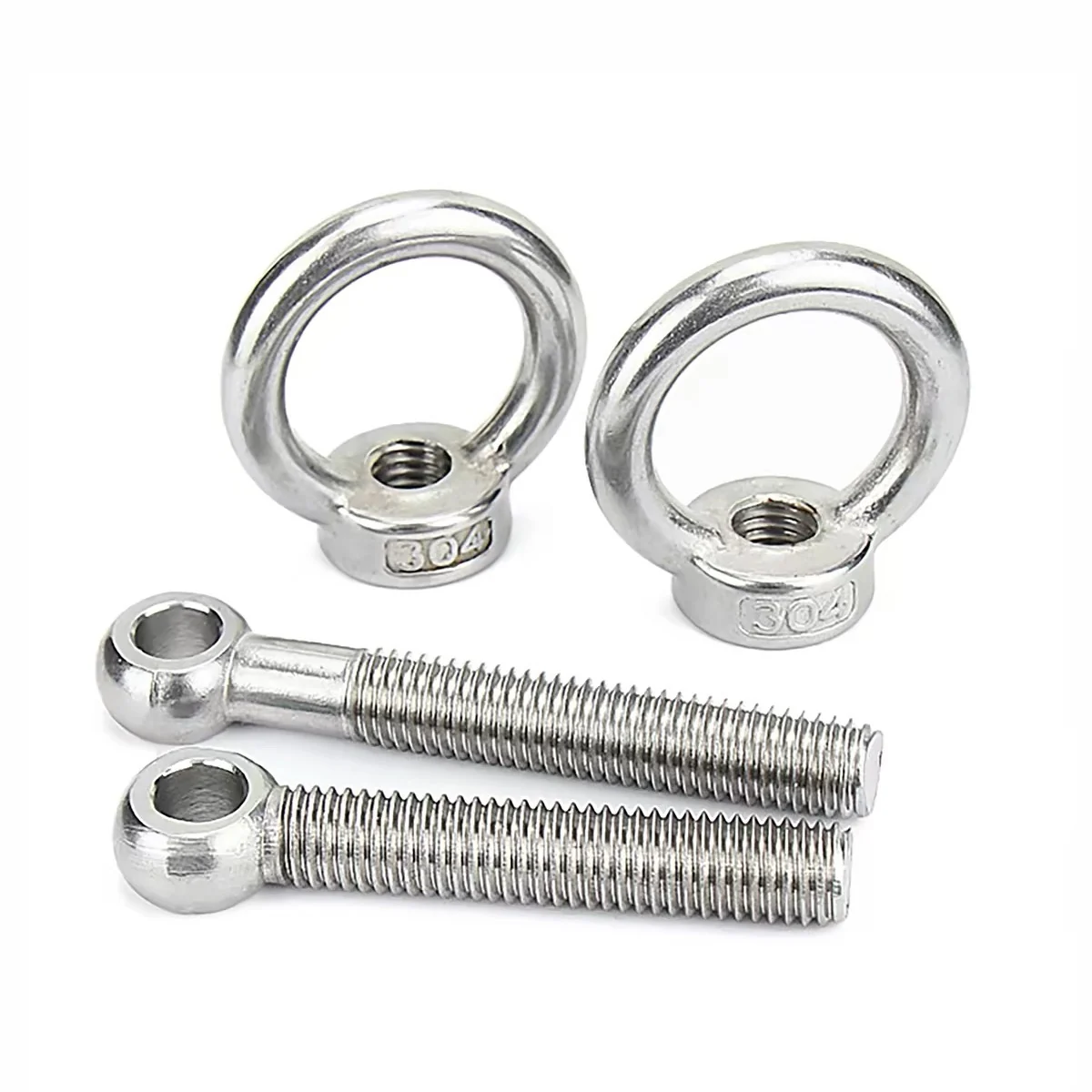 Separate 304 stainless steel female eye nuts and threaded eye bolts